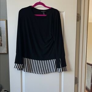 Black Long-Sleeve Top with Striped Hem and Cuff Detail